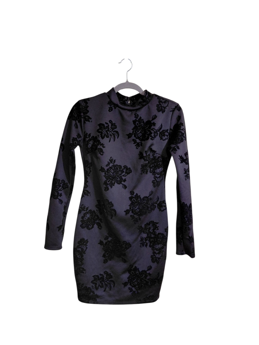 See You Monday Black Velvet-Print Long Sleeve Bodycon Dress